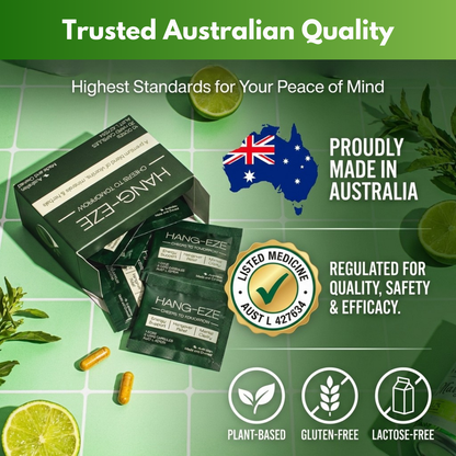 Packaging of Hang-Eze with Australian quality assurance elements on a green background
