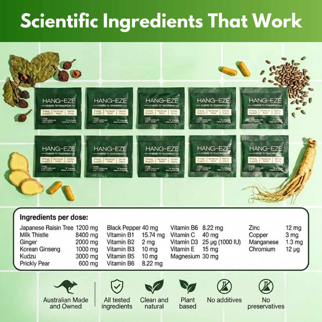 Packaging of HANG-EZE with scientific ingredient list on a green background