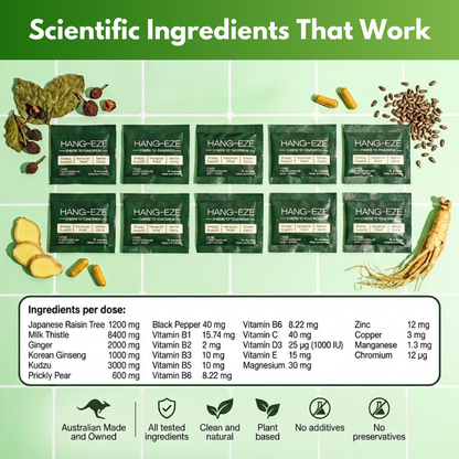 Packaging of HANG-EZE with scientific ingredient list on a green background