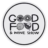 Round logo for 'Good Food & Wine Show' with black text and icons on a white background