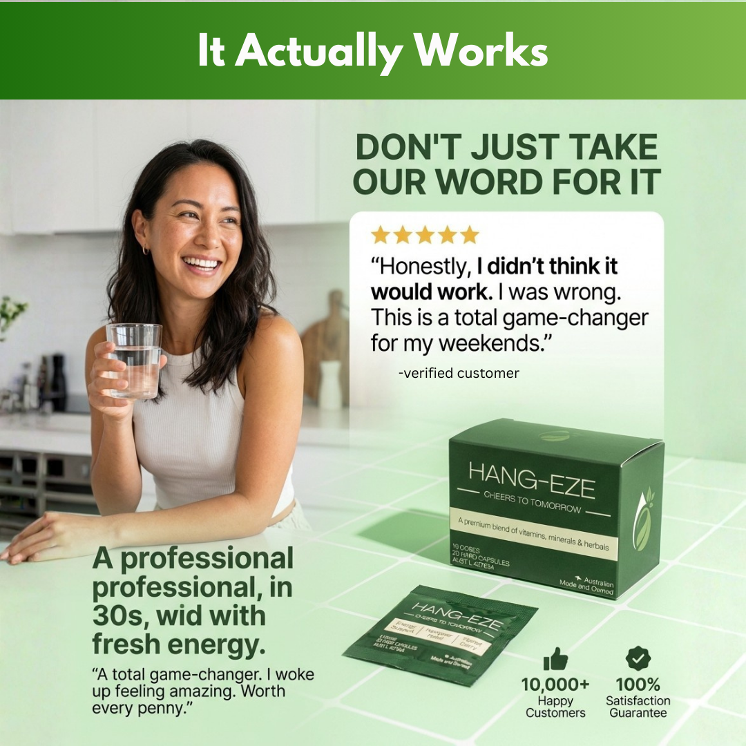 Woman holding a glass of water with Hang-Eze product packaging and customer testimonial on a green background