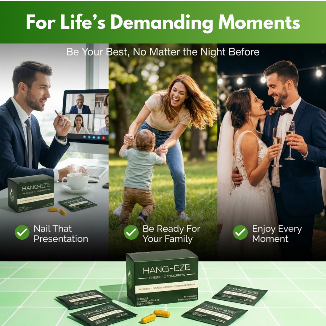 Promotional image for HANG-EZE with lifestyle images and product packaging.