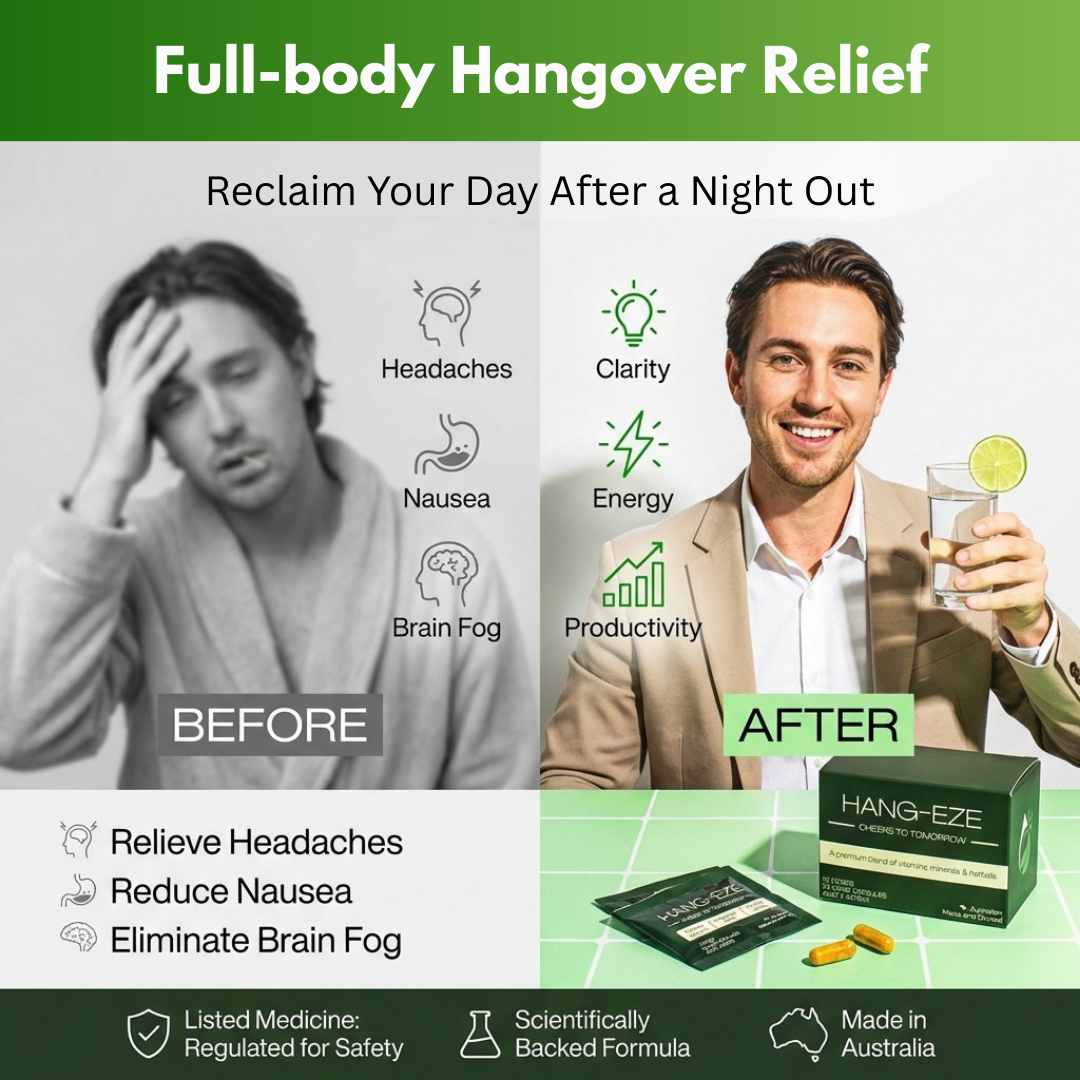 Advertisement for Hang-Eze hangover relief product showing a before and after scenario with a man holding a lime.