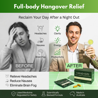 Advertisement for Hang-Eze hangover relief product showing a before and after scenario with a man holding a lime.