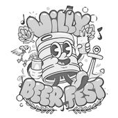 Cartoon beer mug with text 'Willy's Beer Fest' and decorative elements on a black background