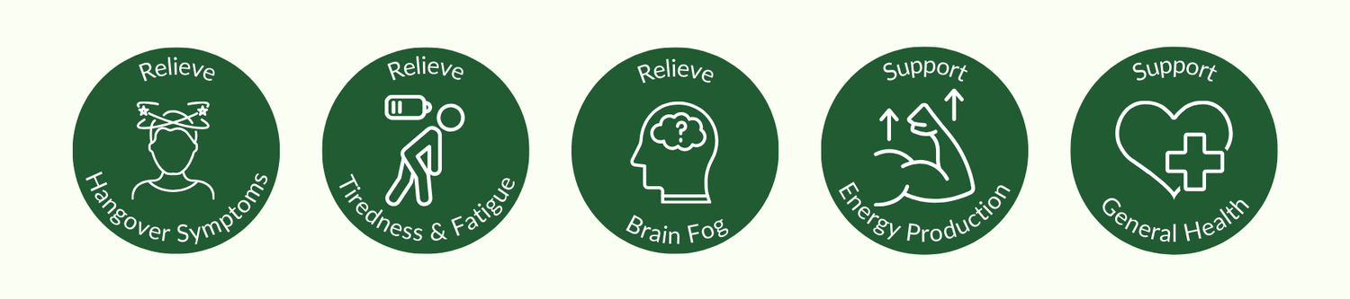 Set of five green icons with health-related text and symbols on a white background