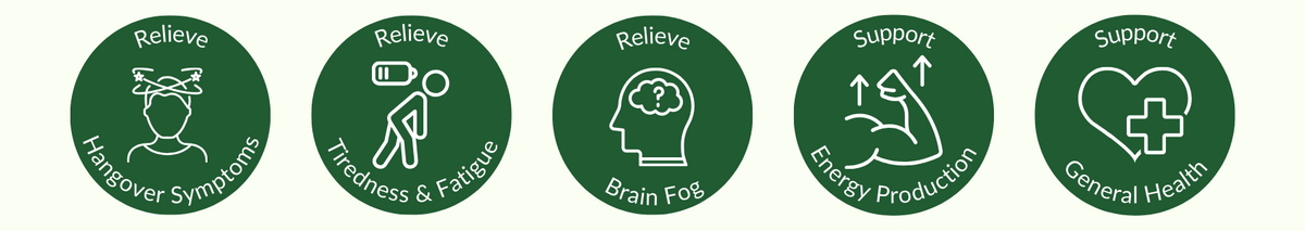 Set of five green icons with health-related text and symbols on a white background
