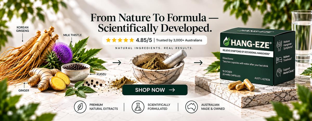 Hang-EZE herbal supplement box shown in a styled promotional layout with natural ingredients like ginger, turmeric, milk thistle, and korean ginkgo, alongside a glass of liquid. The ad includes marketing text, star ratings, and a 'SHOP NOW' button.