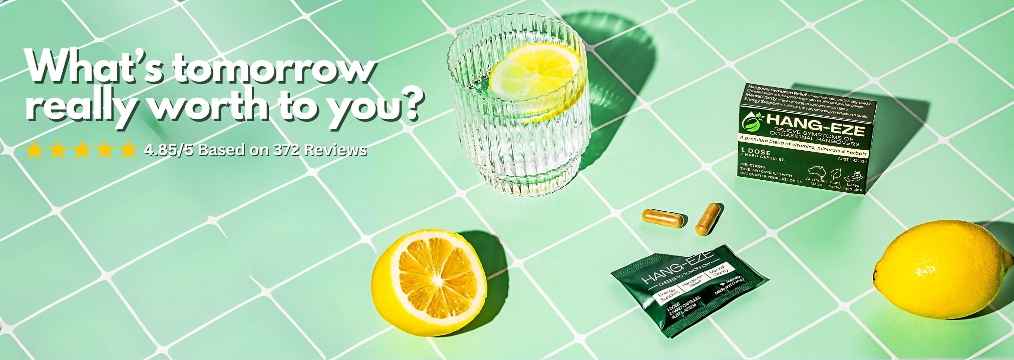 HANG-EZE product packaging with lemons on a green tiled background