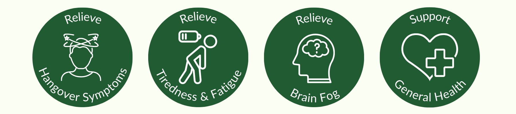 Four green icons with health-related illustrations and text on a white background