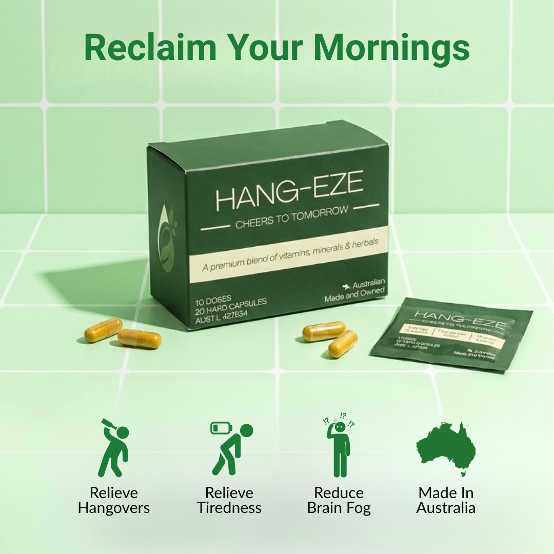 Box of HANG-EZE with capsules and packaging on a green background