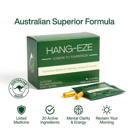 Box of HANG-EZE with green and white design, featuring text about Australian superior formula and product benefits.