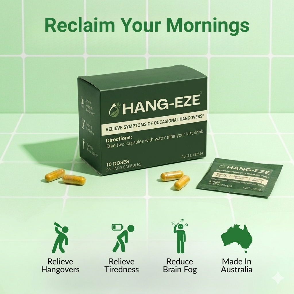 Box of HANG-EZE with capsules on a green background
