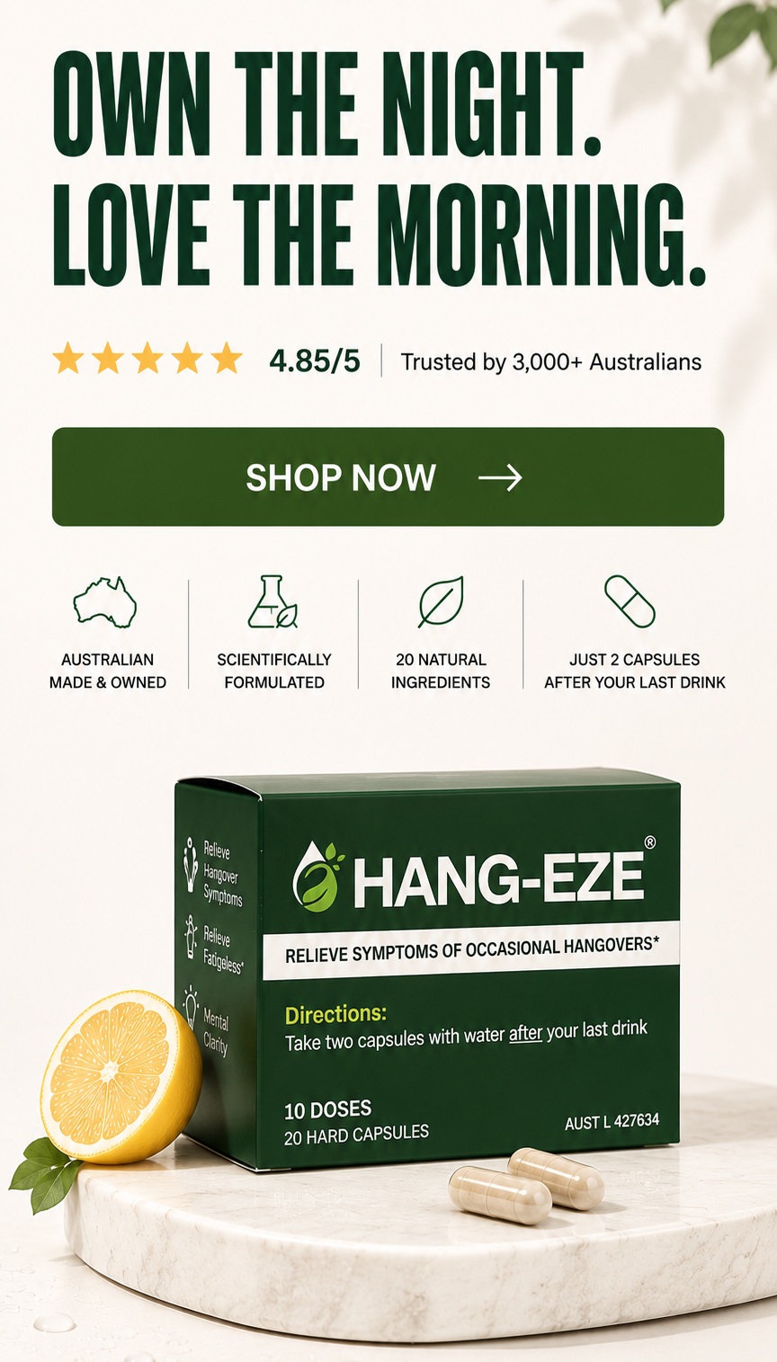 Advertisement for Hang-Eze with packaging, lemon, and text on a white background