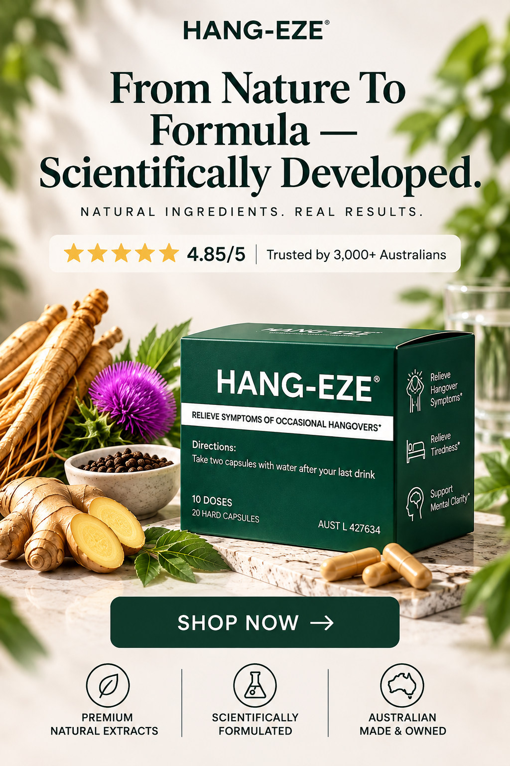Hang-Eze hangover relief supplement box shown in a styled promotional graphic with herbs, capsules, and text claims. The product box is dark green with white branding, surrounded by natural ingredients and a purple flower on a light stone surface.