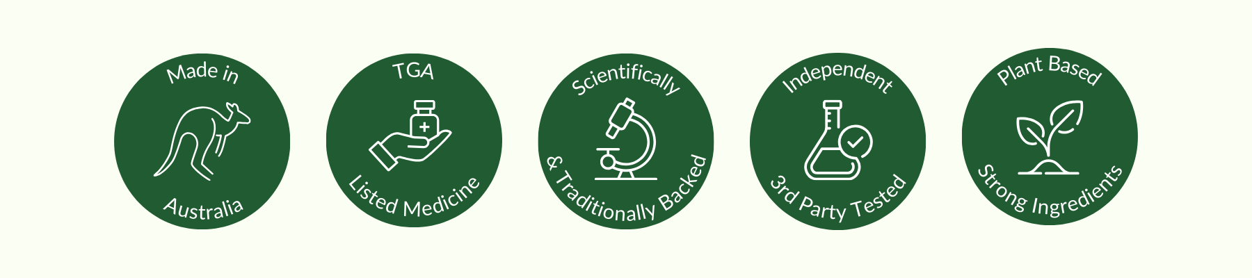 Set of green icons with text and symbols on a white background